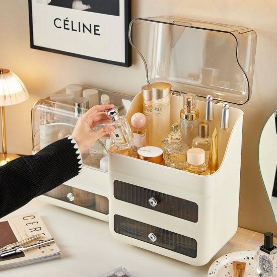 White makeup organizer with transparent dustproof lid and 2 drawers on vanity