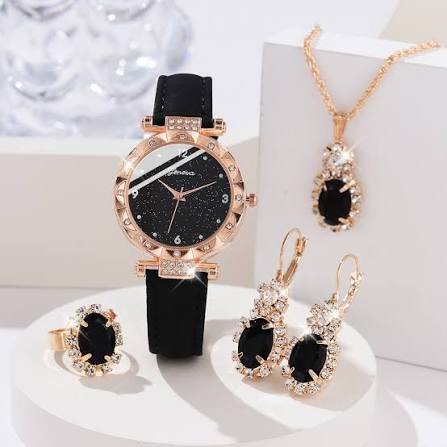 Black starry dial women watch with gold ring necklace and earrings set