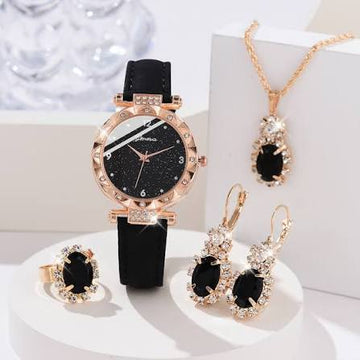 Black starry dial women watch with gold ring necklace and earrings set
