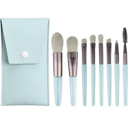 Blue makeup brush set with leather pouch and 8 brushes