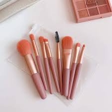 Mini makeup brush sets in pink and blue with transparent zip pouches