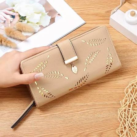 Beige long women wallet with gold hollow leaf pattern and snap button closure