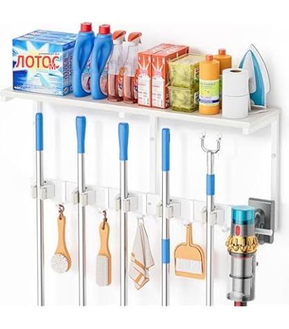YILILAI black wall-mounted mop and broom holder with multiple slots and hooks