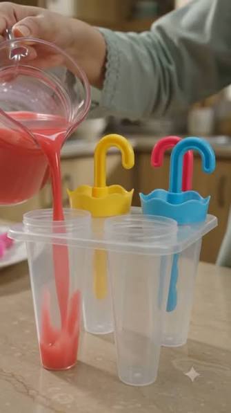 Umbrella popsicle mold being filled with red juice