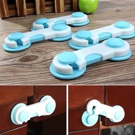 Pack of 4 blue child safety cabinet locks shown on drawer