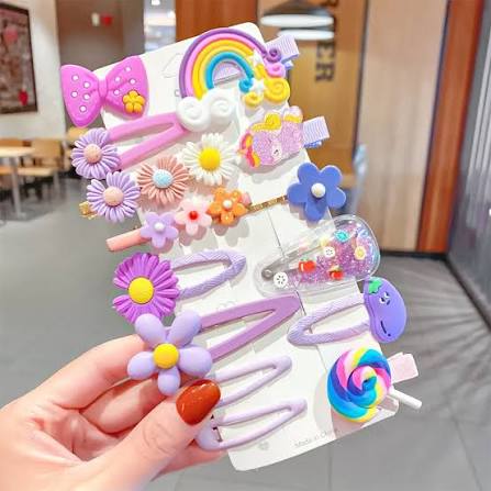 Purple flower rainbow lollipop hair clips set on display card 14 pieces