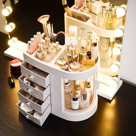 White makeup organizer with transparent dustproof lid and 2 drawers on vanity