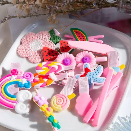 Pink candy fruit flower snap hair clips set 20 pieces on white plate