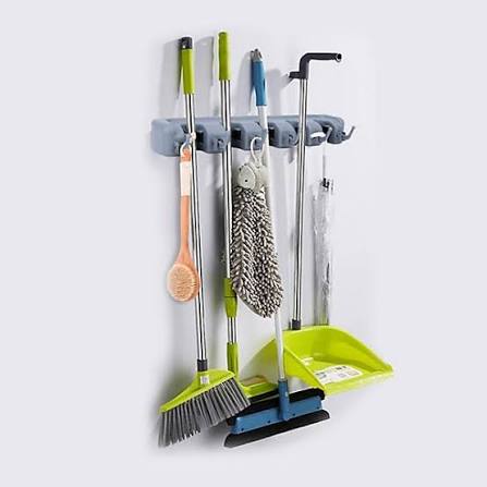 Grey wall-mounted mop broom holder with 5 positions and 6 hooks