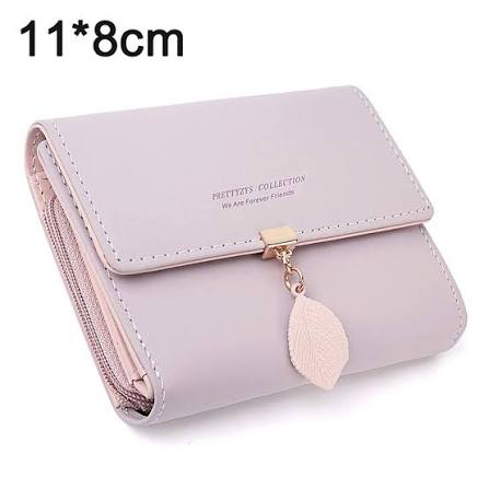 Mini trifold women wallet 11x8cm in lavender with leaf charm