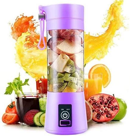 Purple portable USB rechargeable blender juicer cup with fruits