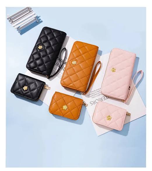 Quilted wristlet wallet set in black brown and pink long and mini sizes
