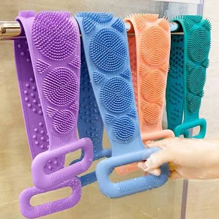 Silicone rubbing towel bath belt in purple blue orange teal colors hanging