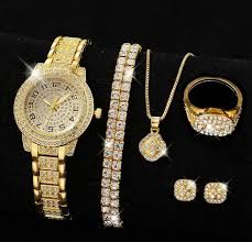 Black starry dial women watch with gold ring necklace and earrings set