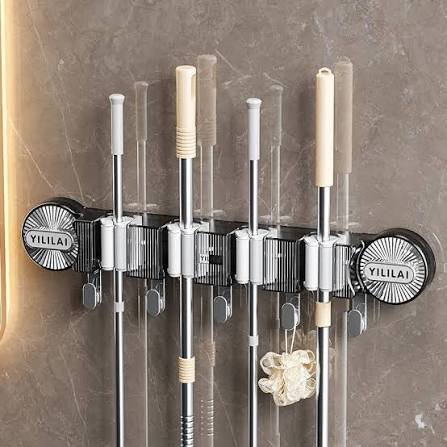 YILILAI black wall-mounted mop and broom holder with multiple slots and hooks