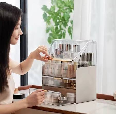 Clear transparent makeup skincare organizer with flip lid and pull-out drawers