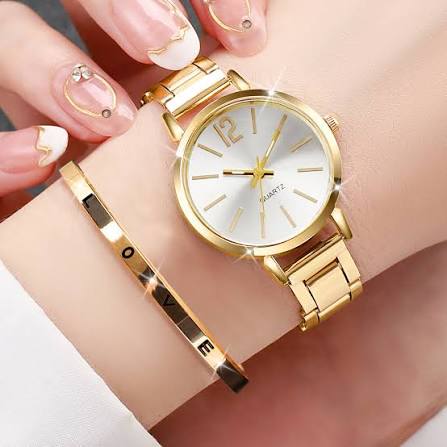 Gold minimalist women quartz watch with matching gold bangle bracelet
